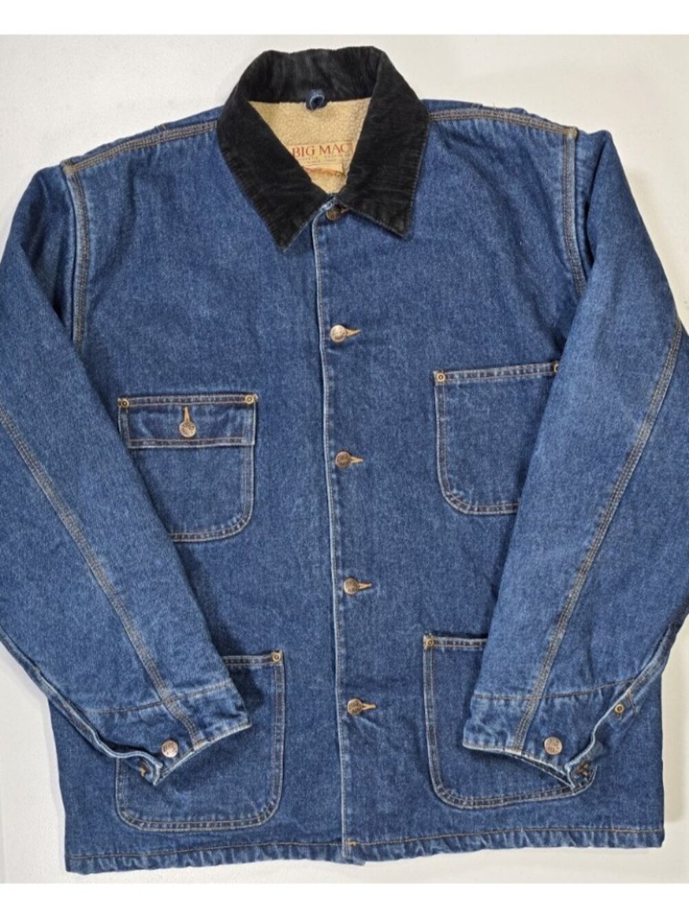 Big Mac Vtg Blue Denim Corduroy Collar Sherpa Lined Chore Work Coat Jacket Men L
